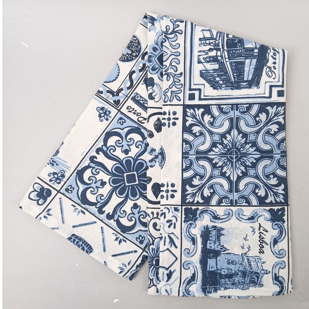 Portuguese Kitchen Dish Towel Blue Azulejo Tile Mix Print Cotton